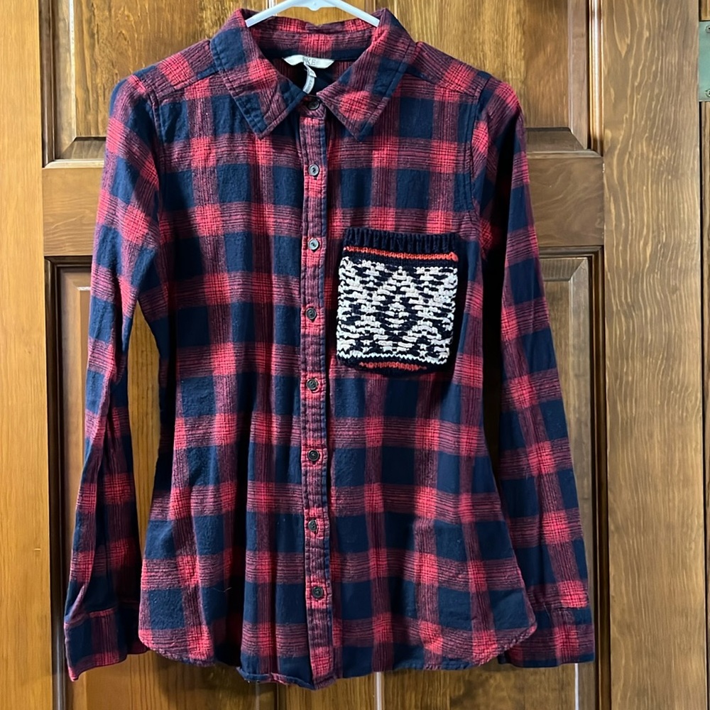 BKE red and navy flannel with sweater pocket detail